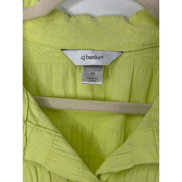 CJ Banks Jacket Women 2X Bright Lime Textured Button Front Stretch Cotton Light - Picture 2 of 8